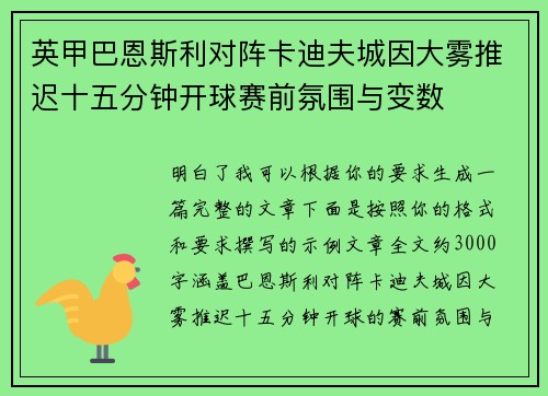 英甲巴恩斯利对阵卡迪夫城因大雾推迟十五分钟开球赛前氛围与变数 英甲巴恩斯利对阵卡迪夫城因大雾推迟十五分钟开球赛前氛围与变数