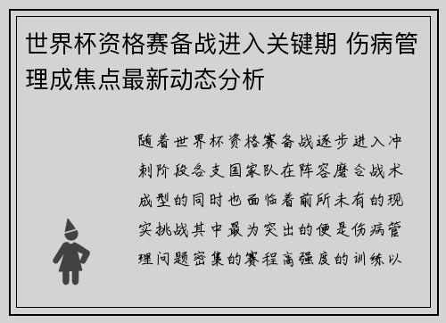 世界杯资格赛备战进入关键期 伤病管理成焦点最新动态分析