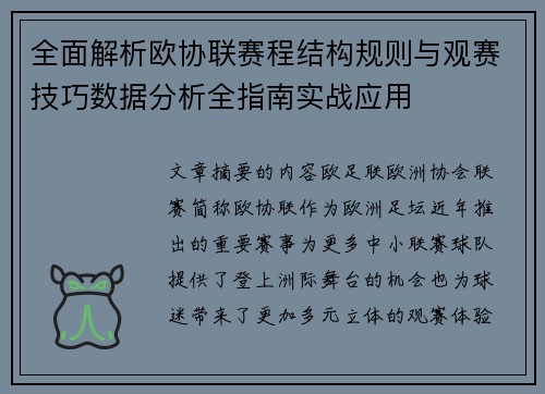 全面解析欧协联赛程结构规则与观赛技巧数据分析全指南实战应用